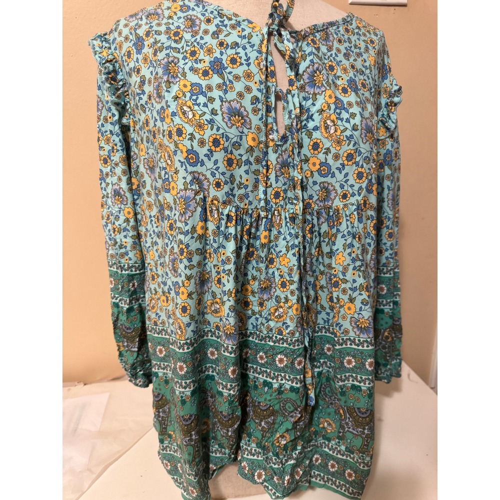 Citygarden Boho Elephant Floral Print Tunic Blouse Blue Green XL
